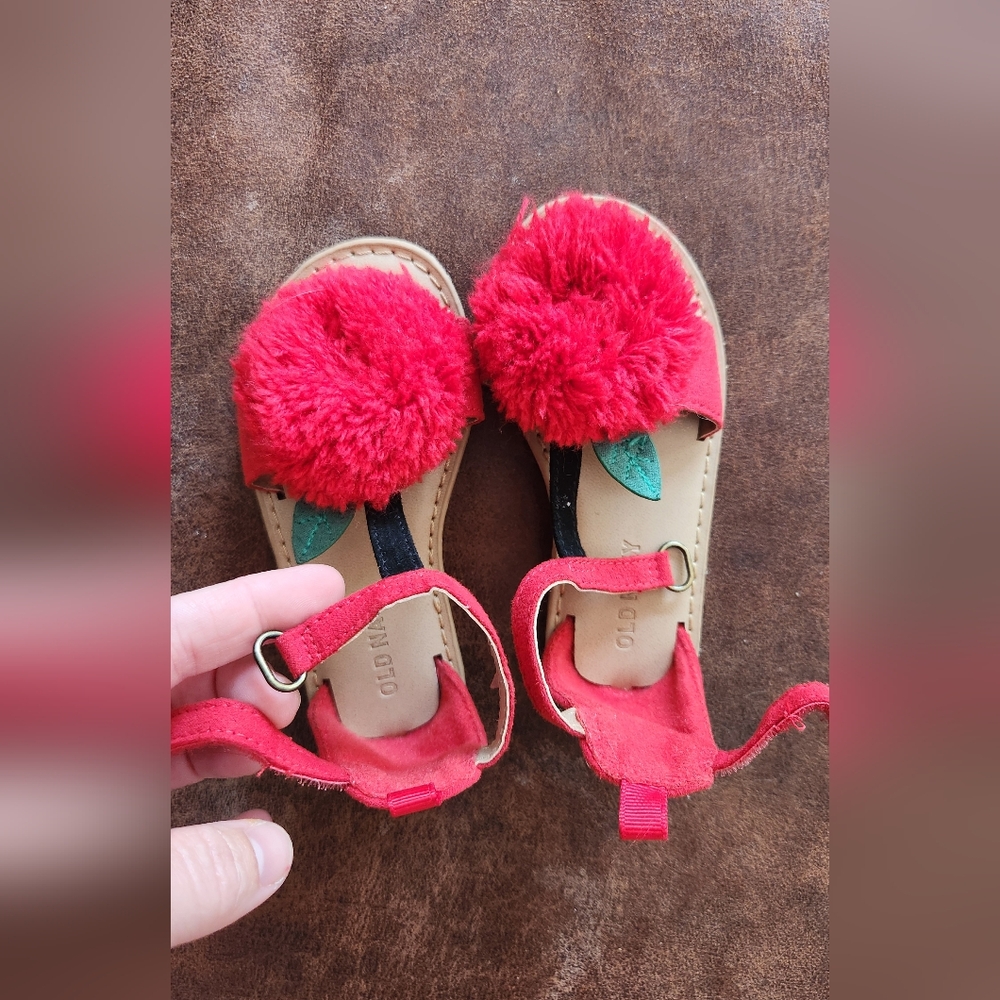 Old Navy Cherry Sandals with Adjustable Straps and Pom Poms